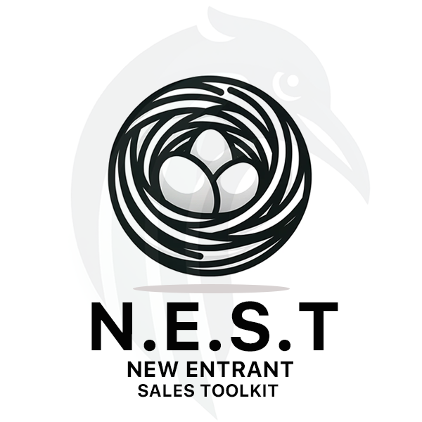 A logo for the NEST Academy that features a nest with eggs with the Ravenue bird in the background. Under the nest is the words 