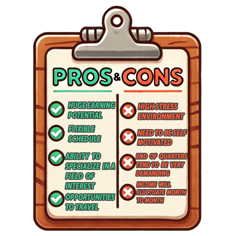 A clipboard listing the pros and cons of tech sales. Pros include huge earning potential, flexible schedule, ability to specialize in a field of interest, and opportunities to travel. Cons include high stress, need to be self motivated, end of quarters are demanding and income will fluctuate.