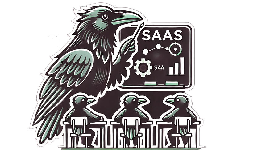 An adult raven is teaching three young ravens about SaaS sales. The adult raven is pointing to a chalkboard, while the young ravens sit at school desks.
