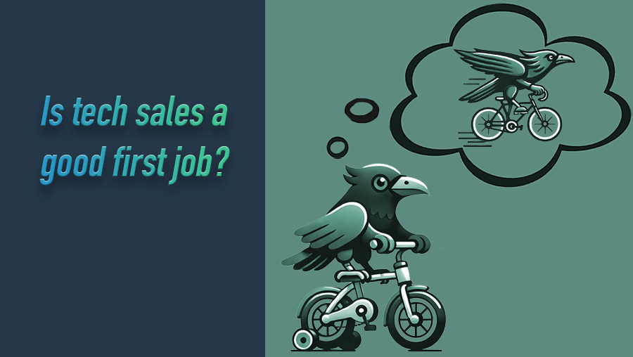 A young raven is slowly riding a bike with training wheels. He is dreaming about being a sales raven and riding his bike fast.