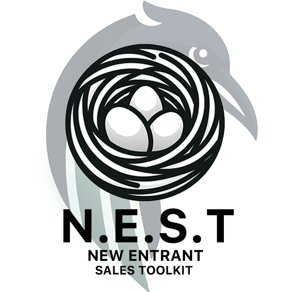 A logo for the NEST Academy that features a nest with eggs with the Ravenue bird in the background. Under the nest is the words 