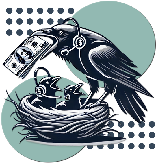 A mother sales raven, wearing a bluetooth headset, is feeding money to it's two baby sales raven sitting in a nest.