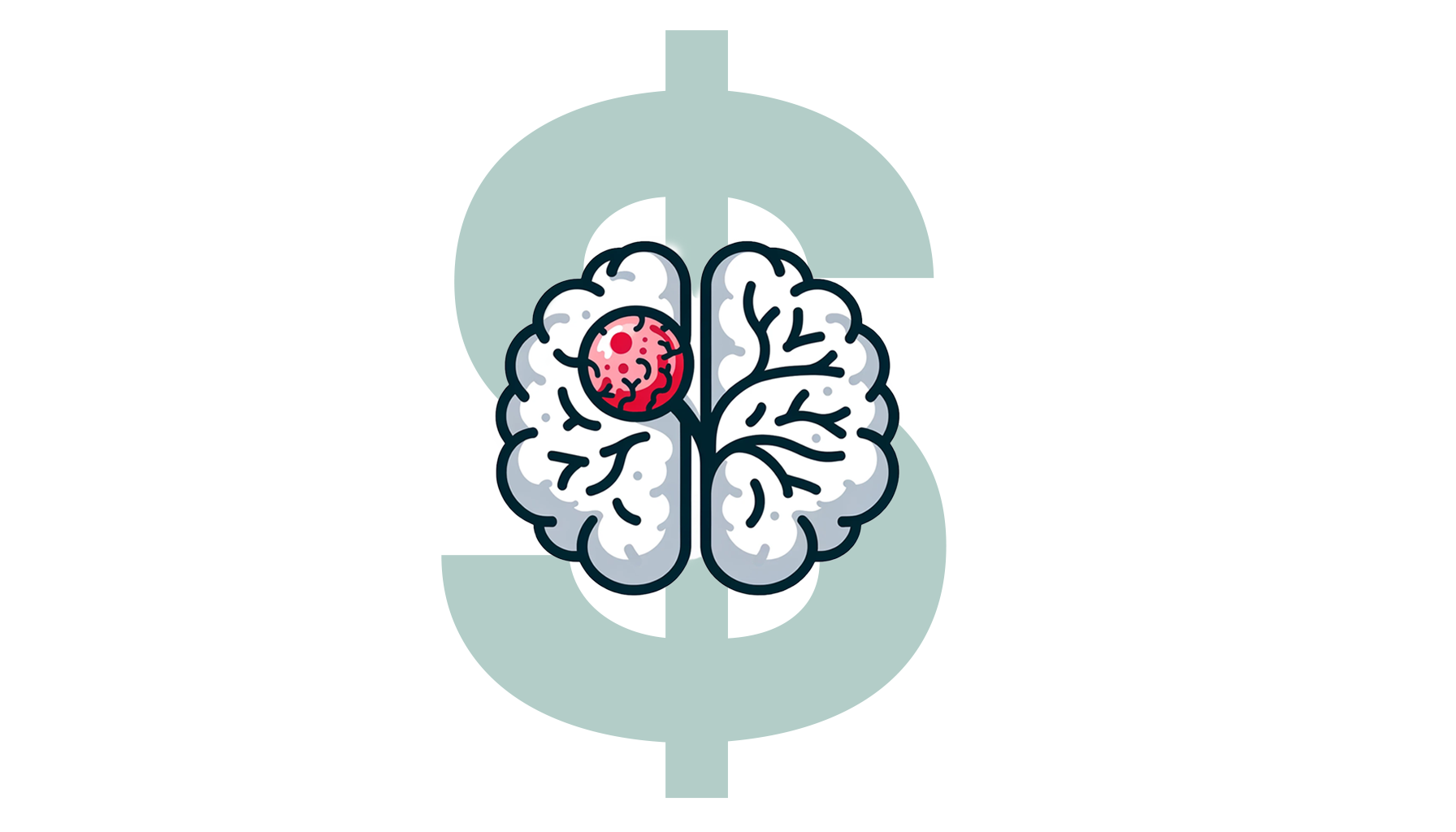 A clip art brain that has a tumor, overlayed by a money sign to symbolize the money is causing the cancer. 