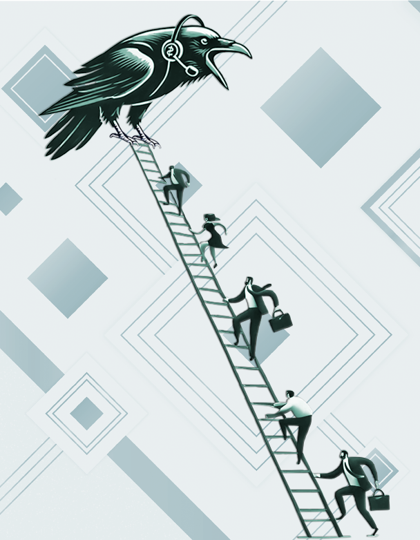 Five corporate professionals wearing business clothes are climbing a ladder. At the top of the ladder is a sales raven wearing a bluetooth headset.  